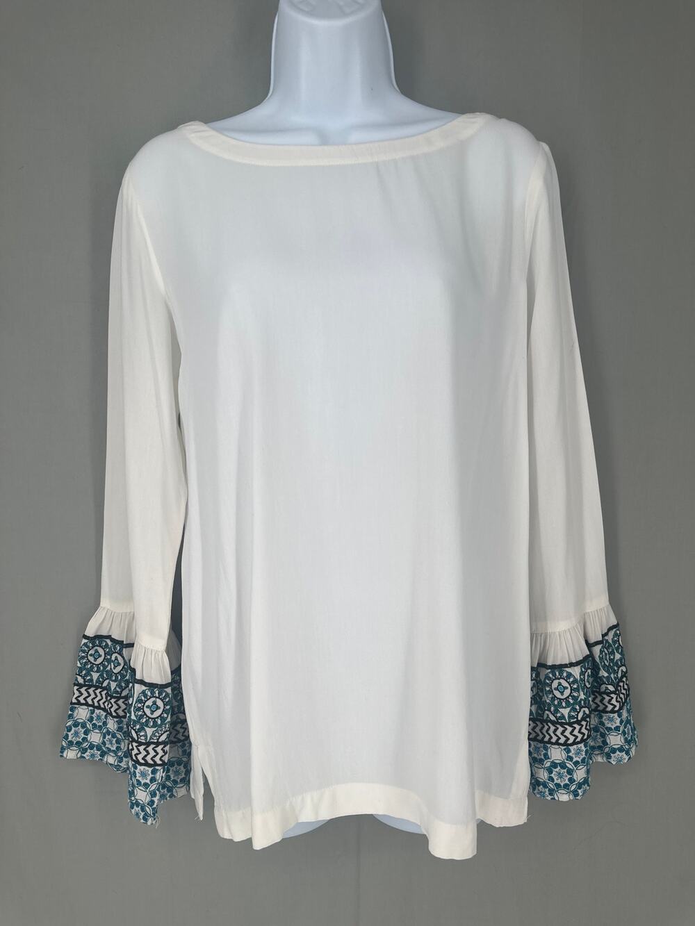 Loft Top Womens XS White Blue Embroidered Flowy Bell Sleeve Boho Bohemian